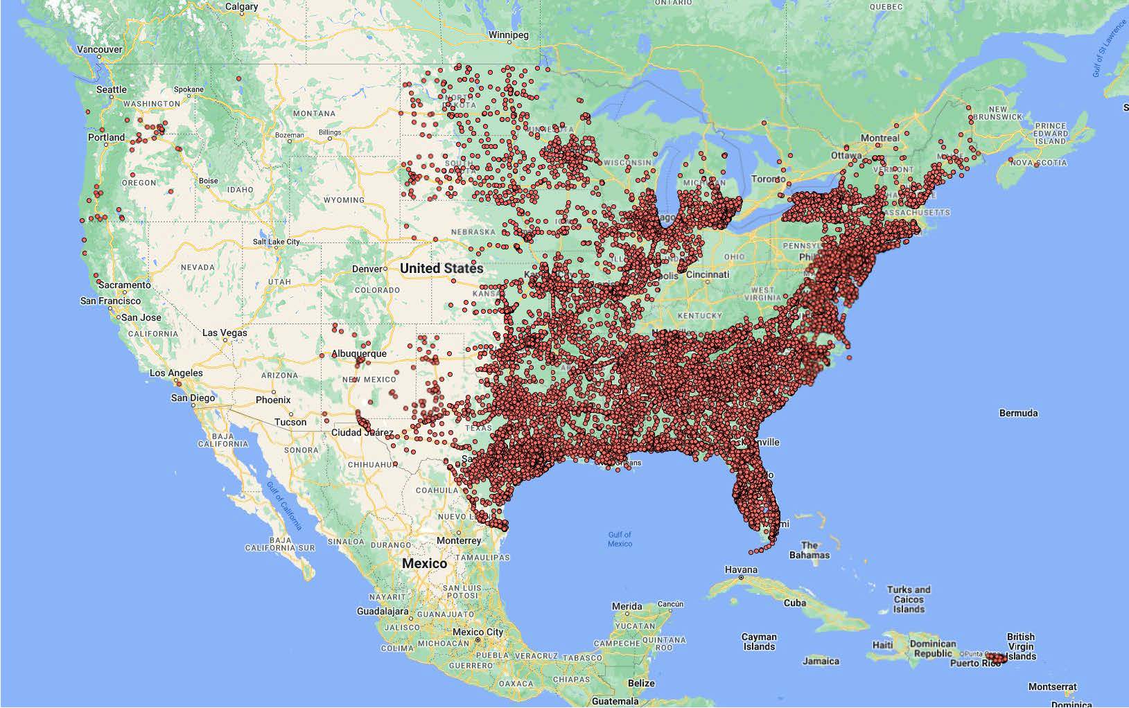 A map of the united states with red dots on it.